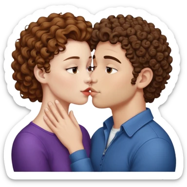 A couple kissing, the man would be white-skinned, mid fade-curly, brown-hair. The serious woman with white skin, brown color sticker