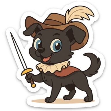 A cute small dog with sleek black fur, bright blue eyes, and a playful expression, dressed as a musketeer. The dog is wearing a classic musketeer hat with a feather, a tiny cape, and a ruffled collar. The dog is standing confidently with a tiny sword. sticker