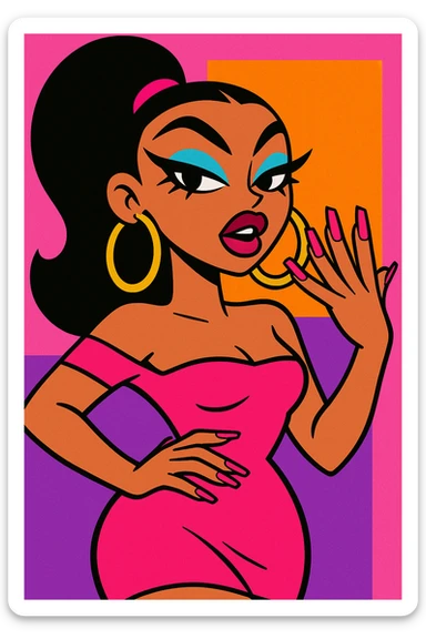 glamorous baddie character showing off manicured nails wearing hoop earrings dramatic eyeliner vibrant toon style sticker