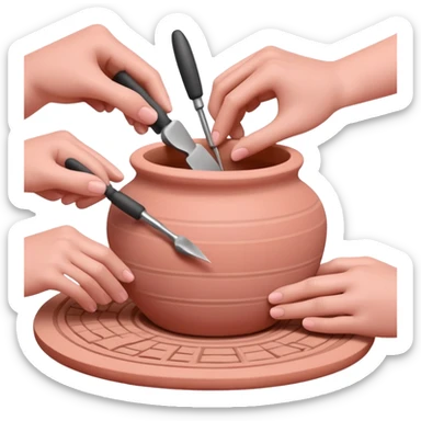 hands using pottery tools to add texture to pink clay, showing various texture tools creating patterns sticker