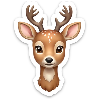 Cinematic Cute Deer Portrait Emoji, Head tilted playfully and inquisitively, showcasing a delicate coat speckled with subtle white spots and gentle earth tones, round, sparkling eyes filled with curious wonder, Simplified yet irresistibly adorable features, highly detailed, glowing with a warm, friendly glow, high shine, affectionate and graceful, stylized with a touch of woodland whimsy, bright and endearing, soft glowing outline, capturing the essence of a mischievous yet loving fawn, so playful it feels like it could skip out of the screen into your arms! sticker