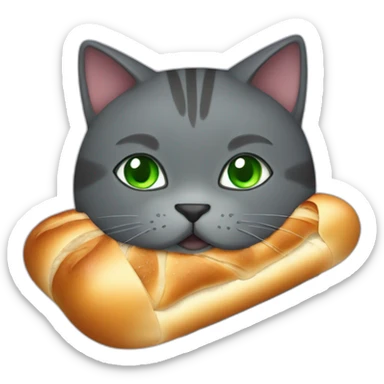 happy dark grey fat cat with green eyes and short tail eating a baguette sticker