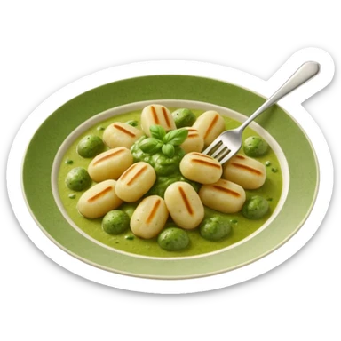 Gnocchi Cinematic Realistic Gnocchi Dish Emoji, depicted as tender oblong potato gnocchi garnished with iconic fork marks on top, rendered with soft textures and warm, inviting lighting. add green pesto sauce sticker