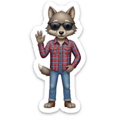 head and shoulders friendly anthropomorphised wolf in plaid shirt and jeans, wearing dark sunglasses, upright pose sticker