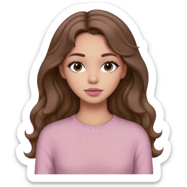 a woman with beige knit long sleeve top, her hair is long wavy brown hair, her face is soft girl style, her eyes color are black and the color of her lip is soft pink sticker
