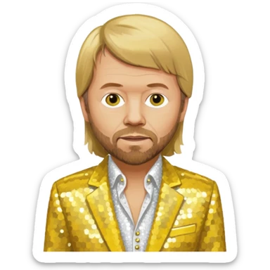Björn Ulvaeus from ABBA with long dark blonde hair, yellow sequin shirt, white sequin suit jacket sticker