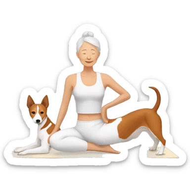 older woman doing yoga with basenji dog sticker