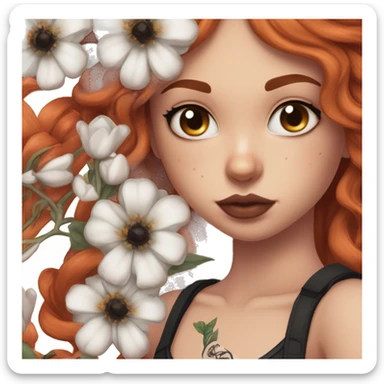 girl with fair skin, small nose, orangey red shoulder-length hair, large brown eyes, full lips, septum ring and large black and white chest tattoo of anatomical heart with flower bunches near the shoulders sticker