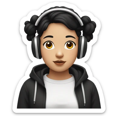 Girl with black hair up to the waist, with a black sweatshirt, half chubby, with a mole under the mouth on the right side expressive eyes with white headphones sticker