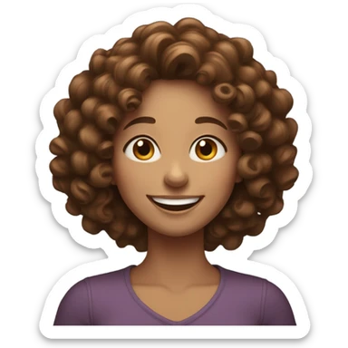 a happy woman with curly brown hair and white skin smiling sticker