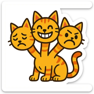 three-headed hydra cat, inspired by the grinning cat emoji, fantasy cartoon, each head showing a different mood, lively and expressive sticker