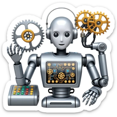 An icon featuring a humanoid robot assembling parts with robotic arms, surrounded by gears, circuit boards, and sensors, symbolizing robotics. The design includes a control panel and AI interface, representing automation, engineering, and innovation. Transparent background. sticker