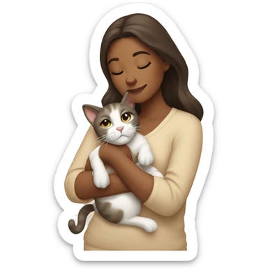 Brunette woman snuggling creamy colored  cat sticker