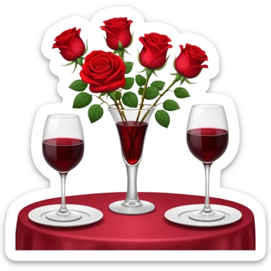  romantic table set for two with roses in a vase and 2 glasses of red wine sticker
