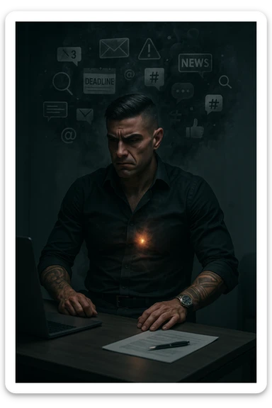 A highly realistic, cinematic image of a young man in his early 30s, sitting at a modern office desk under harsh artificial lighting, shoulders hunched, jaw clenched, and breathing shallowly, symbolizing how modern society forces people to live in a state of chronic tension and restricted breathing. Around him, faint black and grey visual elements represent notifications, deadlines, social media icons, and news alerts, swirling around his head like a chaotic storm, symbolizing societal pressure. His chest appears visually tight and compressed, and faint dark smoke emanates from his body, representing blocked breath and internalized stress. In contrast, a faint glowing light near his chest and abdomen tries to expand, symbolizing the innate desire of the body to breathe freely and deeply. The environment is cold and minimalistic, with a sense of stillness and tension, captured in a hyperrealistic 35mm film style with muted colors, focusing on the man's tense posture and restricted breathing to reflect the unseen burden of modern living. sticker