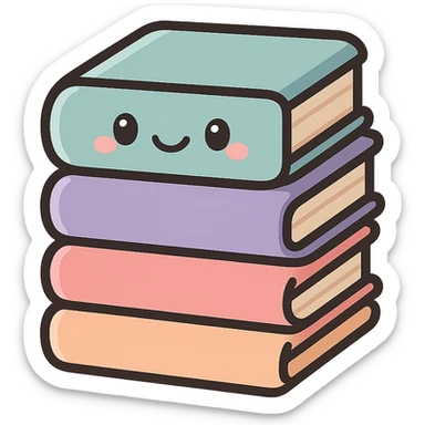 cute stack of books, icon-color-outlined style, soft rounded shapes, thin clean outlines, detailed shadows and highlights, pastel palette #98B5BC, #B5B3C1, #C9A3C9, #E4C0CA, #F7DCD1, #F7C0AA, modern Japanese pop art and sticker aesthetic, soft lighting, transparent background sticker