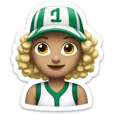 Blonde curly hair softball player wearing a visor  with green and white jersey  sticker