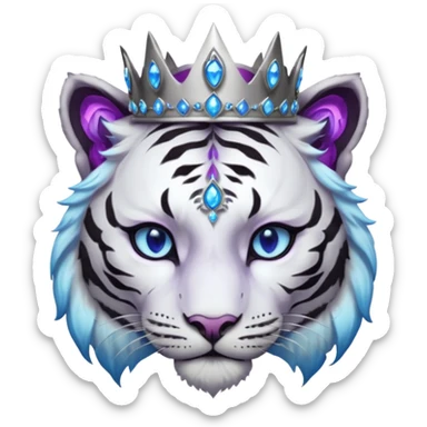 ESO Female white/black tiger khajiit leader of the umbral rose, glowing blue eyes, glowing blue 'third eye' gem; silver crown/tiara with purple gems  sticker