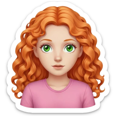 white pale girl with long curly orange hair, green eyes, pink shirt sticker