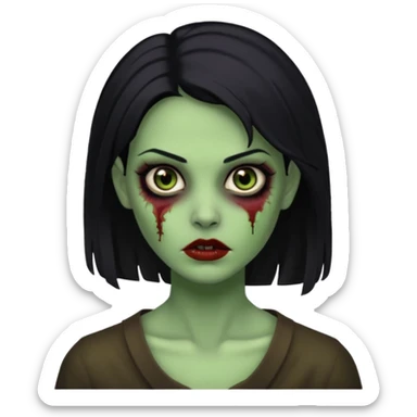 Faça uma zombie mulher bonita verde com olhos castanhos cabelos pretos partido ao meio liso, com estilo  sticker