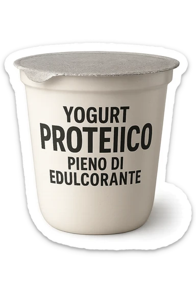 Yogurt proteicO CON LA SCRITTA "YOGURT PROTEICO PIENO DI EDULCORANTE" SULL'ETICHETTA,  iperrealistico 4k sticker