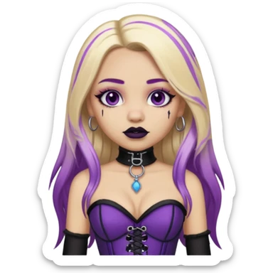 Ai light skin girl , who has straight long length blonde hair with heavy purple streaks , hazel eyes , and doll like makeup , with a septum piercing, in a black corset emoji sticker