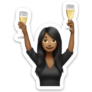 Funny woman with black long hair drinks champagne and otherhand raised up high sticker
