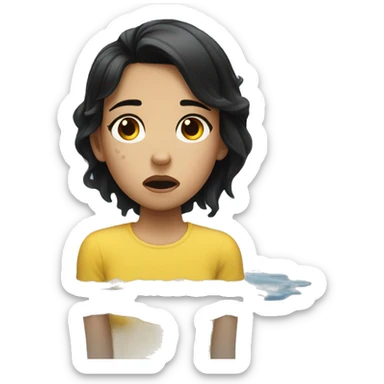 A girl with black hair is lying and crying in a puddle sticker