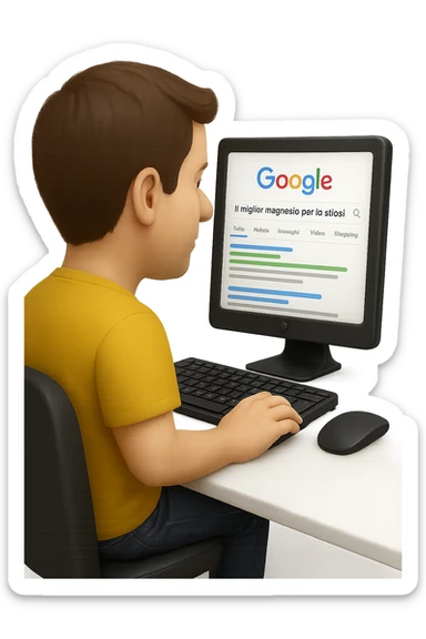 emoji stile iphone di un uomo davanti al pc che cerca di google: "Il miglior magnesio per la stipsi", iperrealistico 4k sticker