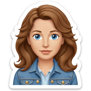 a 45 year old mom with brown straitish wavy hair and a jean jacket with blue eyes  sticker
