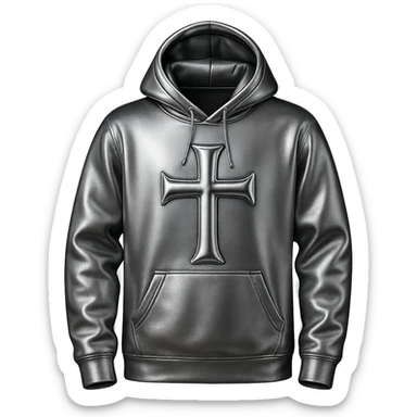 Replace the flowers on the black hoodie with a large chrome cross on the front. The cross should be 3D metallic style, highly reflective, and shiny. Keep the hoodie black and the background removed (transparent). sticker
