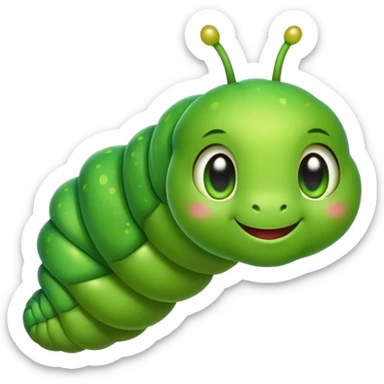 Cinematic Realistic Cute Caterpillar Portrait Emoji, Head tilted playfully and inquisitively, featuring a compact, segmented body in bright, vibrant green with delicate, inviting textures and a charming, rounded face with sparkling eyes full of curiosity, rendered with lifelike detail and natural highlights, high shine, affectionate and spirited, styled with a touch of garden whimsy, soft glowing outline, capturing the essence of a mischievous yet lovable caterpillar that seems poised to crawl cheerfully into your arms! sticker