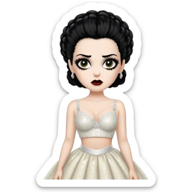 Bride of Frankenstein with black hair, ivory sequin bra, ivory sequin long skirt  sticker