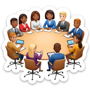 coworkers brainstorming ideas at a round conference table sticker