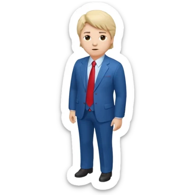 CHANGE TO SHOW THE FULL BODY, FROM AN ISOMETRIC OVERHEAD ANGLE, WITH MUCH PUFFIER HAIR (IN HIS DISTRICTIVE STYLE), WITH A LARGE, BLOATED STOMACH, WEARING A BLUE SUIT AND RED TIE, TURNED SLIGHTLY TO THE SIDE, IN THE STYLE OF ISOMETRIC FIGURES. sticker