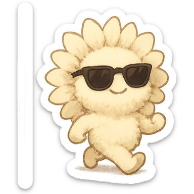 chibi fluffy sunflower, creamy yellow, with sunglasses, strutting with confidence, full body sticker