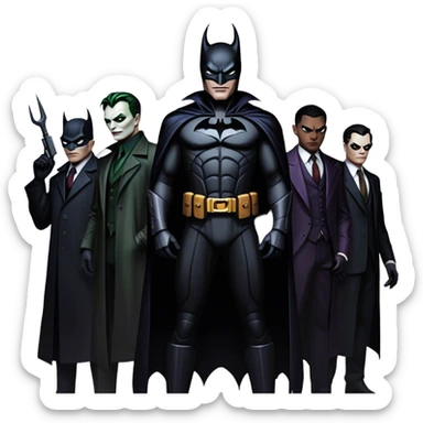 Icon for Thriller Movies: A large, dramatic collage featuring sinister villains in dark clothing. The background shows the gloomy cityscape of Gotham, with dim lighting and eerie shadows. The atmosphere should be tense, mysterious, and suspenseful. Transparent background. sticker