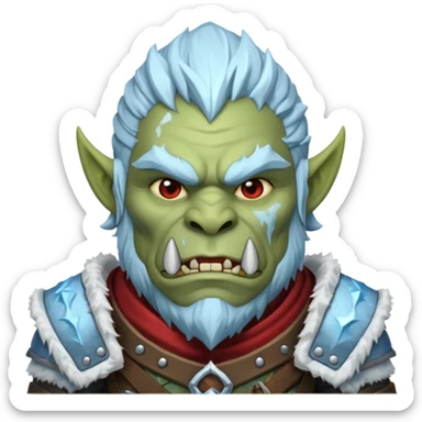 Fantasy Christmas orc portrait icon, frost clan warrior style, winter fur armor, icy details, strong brutal face, snowy battlefield mood, clean emoji style, male/female variant sticker