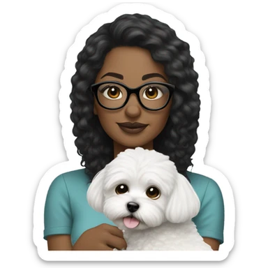 Beautiful woman with black glasses holding white MaltiPoo sticker