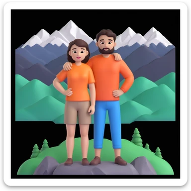 back packer couple posing, mountains in background,   close up pose sticker