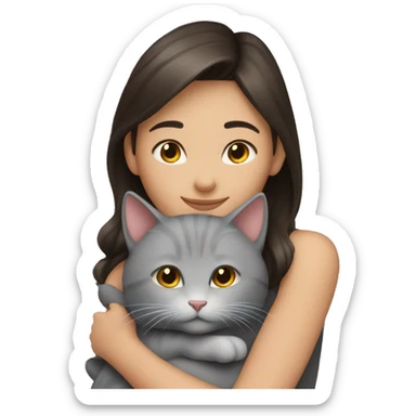 Brunette girl hugging gray cat sticker