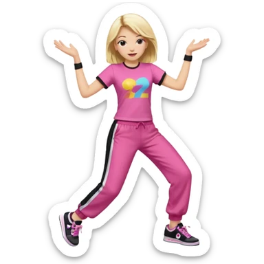Hiphop dancer, with cute big pants, sneakers, and t-shirt. White girl blond. Coloufull shirt. No pocket pants. Dancing. Pink and black plain outfit. No sweatbands on the wrist, black music box behind her. sticker