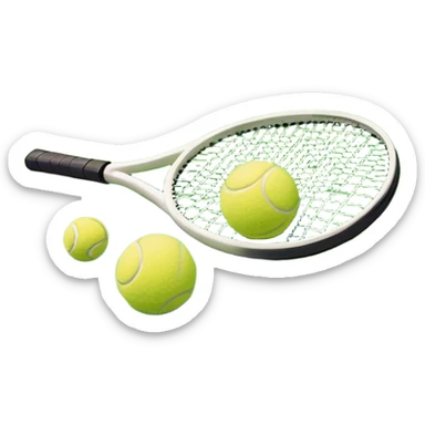 A tennis racket and a ball placed on the ground, with a tennis court in the background. The court lines and net are visible, emphasizing the structure and focus of the sport, creating a dynamic and energetic vibe. sticker