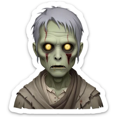 Cinematic Noble Zombie Portrait Emoji, Surprisingly dignified and somber, with a decaying yet strangely regal visage in ashen grays and muted tones, draped in tattered attire hinting at a lost grandeur, simplified yet meticulously detailed, glowing with a soft, eerie radiance and a gentle outline that evokes the tragic nobility of the undead! sticker