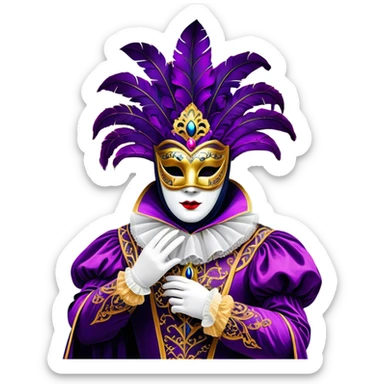 Venice Carnival performer – Cinematic Realistic Venice Carnival Performer, depicted in an opulent, elaborately masked costume with rich textures, vibrant colors, and dramatic, soft lighting, set against the historic backdrop of Venetian canals, capturing the mystery and extravagance of the carnival. sticker