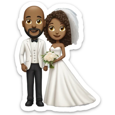 Black bald man with a beard and his wife with long, brown, curly hair on their wedding day sticker