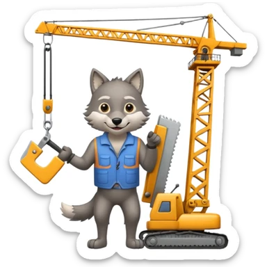  a joyful gray wolf sits on a tower crane and holds a saw in his hands sticker