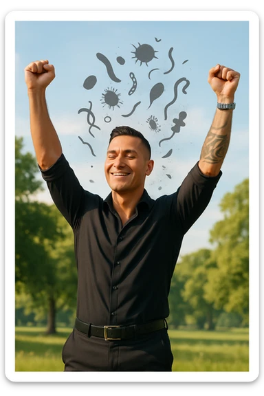 a man stands in uno studio clinico, arms raised in relief and joy, while faint, shadowy silhouettes of parasites fall away from his body and dissolve into the air. His posture is upright and energetic, his expression serene and healthy. The background features green trees and a clear sky, emphasizing liberation and restored well-being. sticker
