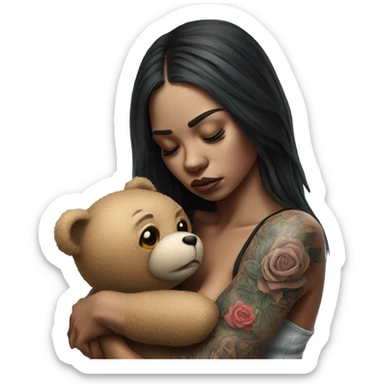 Hyper Realistic Beautiful tattooed woman crying sadly hugging a Teddy bear sticker