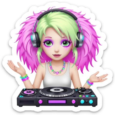  hard-techno-rave-fairy,-holding-a-dj-turntable,-wild-hair,-neon-sparkles,-minimal-background sticker
